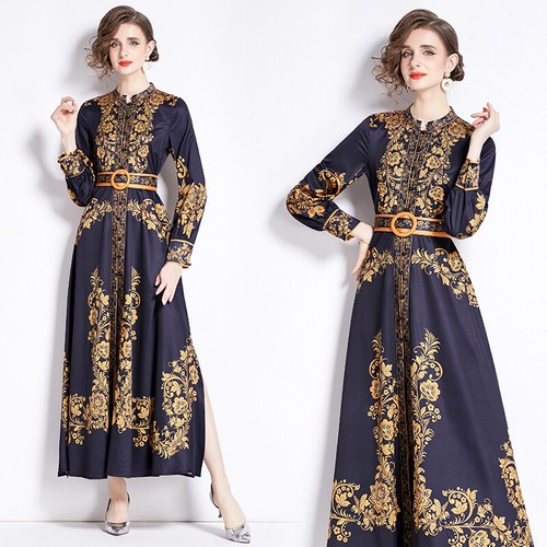 Vintage Floral Print Stand O Neck Belt Long Sleeve Women Casual Party Maxi Dress - Picture 2 of 48