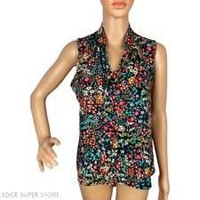 New York Co Floral Red Green Black Sleeveless Tie Up Blouse Top Size XSmall