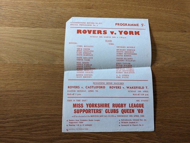 1969 Featherstone Rovers v York - Team Sheet BA7483 1969 Featherstone Rovers v York - Team Sheet BA7483