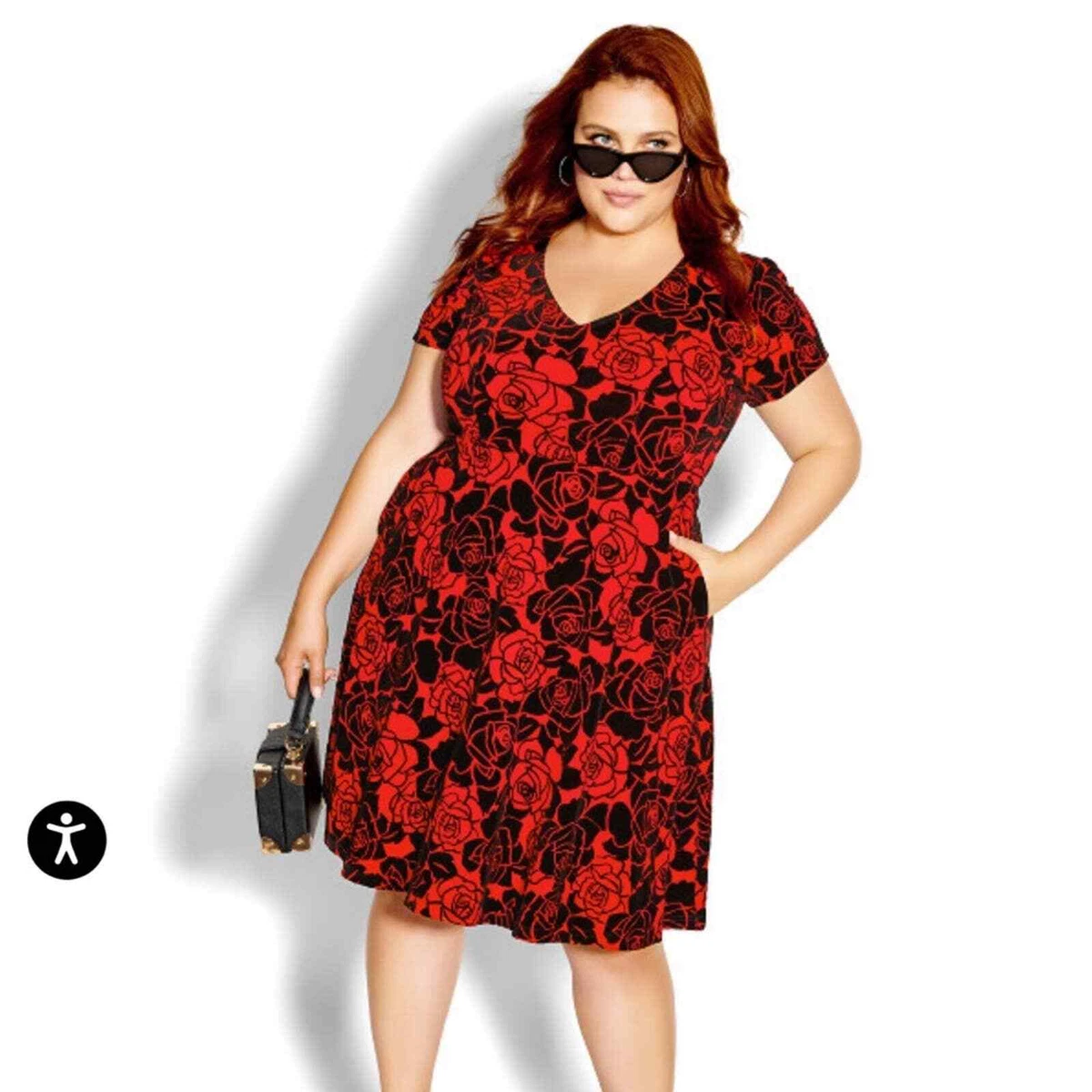 NWT City Chic Posie Dress red black velvet floral Size 22