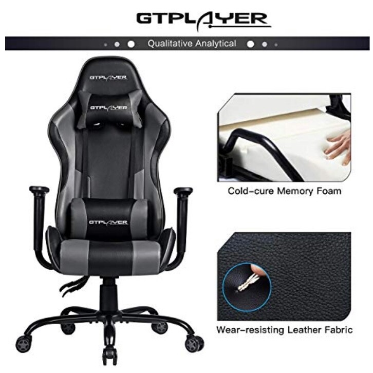 GTPlayer Gaming Office Desk Chair Black Grey Leather Ergonomic