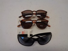 Qty 3: Sunglasses. 2 Women's Round Tortoise, 1 Men's Black Wrapped