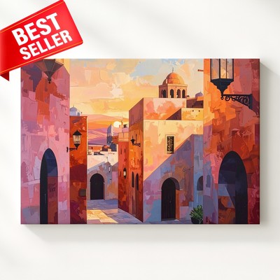 Canvas Desert Stylized Middle Eastern Cityscape Featuring Tall Narrow Wall Art