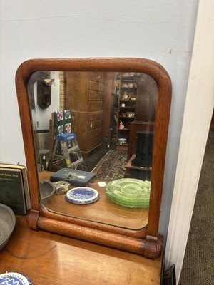 Antique Oak Mirror With Rounded Bottom, Bevelled Glass And Rounded Corners. 