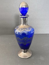 Vintage Cobalt Blue Glass Decanter Silver Ove...