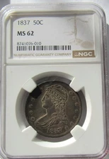 1837 Capped Bust Half Dollar NGC MS62 Nice Even Toning, CAC Worthy.