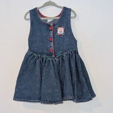 Vintage Oshkosh B'Gosh Denim Dress 4 Girls Blue Jean Jumper Plaid Trim USA Made