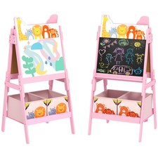 AIYAPLAY 2 in 1 Kids Easel with Whiteboard, Chalkboard, Storage Boxes, Pink