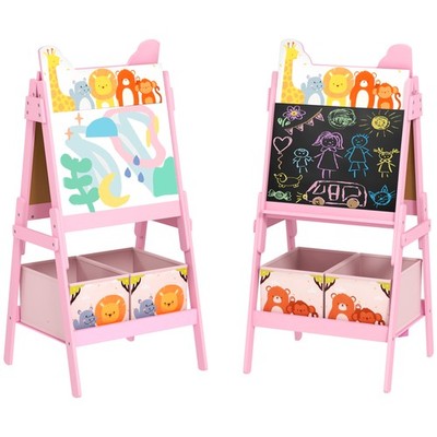 AIYAPLAY 2 in 1 Kinder Staffelei mit Whiteboard, Kreidetafel, Aufbewahrungsboxen, rosa