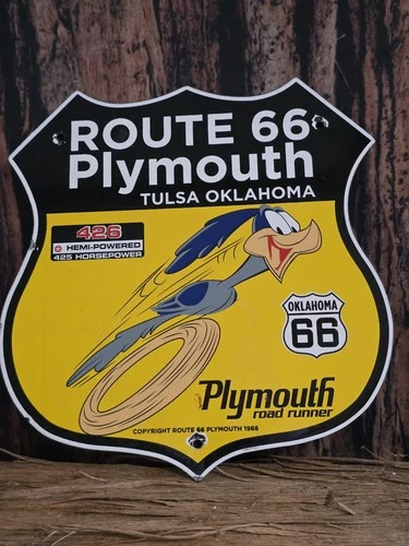 VINTAGE 1968 PLYMOUTH ROUTE 66 OKLAHOMA ROADRUNNER PORCELAIN SIGN 11"×12"