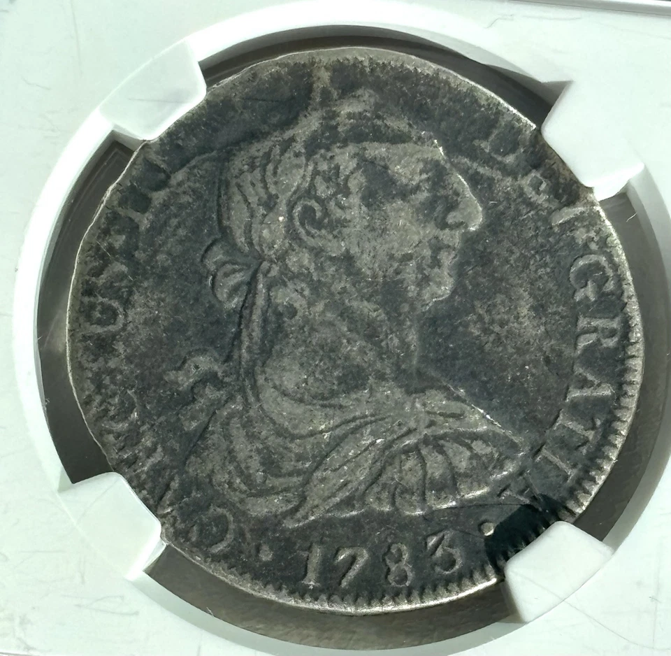 Moneda Tesoro Naufragio EL CAZADOR 1783MO FF MÉXICO 8R Reales Plata NGC GENUINA Foto 3 de 4