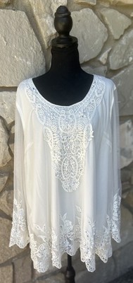 Roaman's Embellished Mesh Overlay Tunic Top 22W Ivory Crochet Lace Pearl NEW