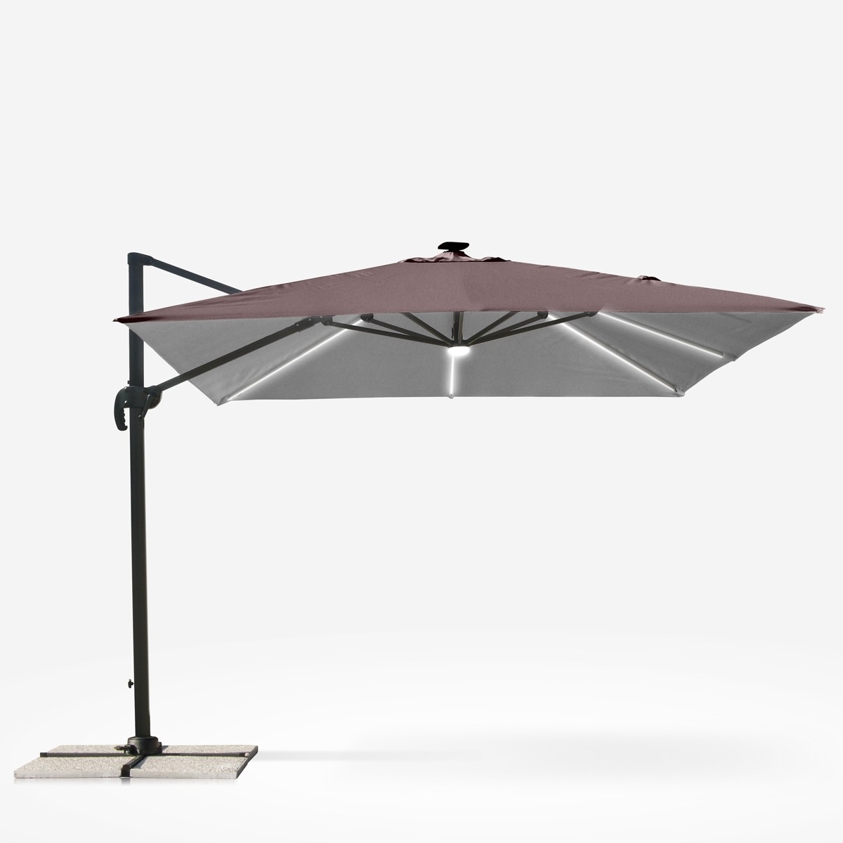 Parasol déporté rotatif 3x3 m Paradise avec éclairage LED solaire et mât en aluminium
