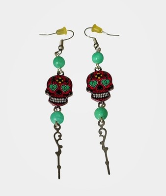 Sugar Skull Drop Earrings W/Clock Hand Charms & Mint Green Agate Beads