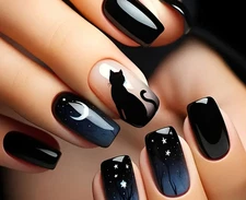 NL-5 Moon & Black Cat Design Press-On Nails - Glossy Medium Square Fake Nails