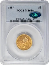 1887 $3 Gold Indian MS63+ PCGS CAC 950873-2