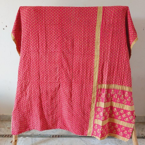 Vintage Floral Kantha Bedspread Indian Handmade Quilt Throw silk Blanket boho - Picture 2 of 4