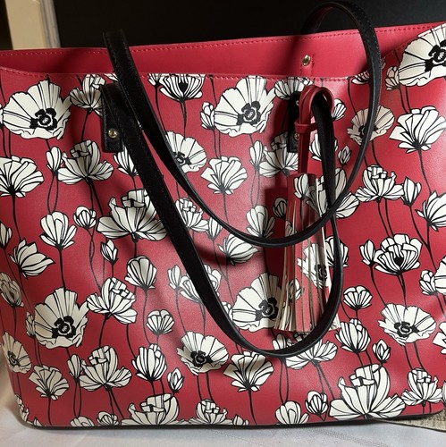 Catherine Malandrino Paris Tote Handbag Red White And Black Floral Print - Picture 2 of 8