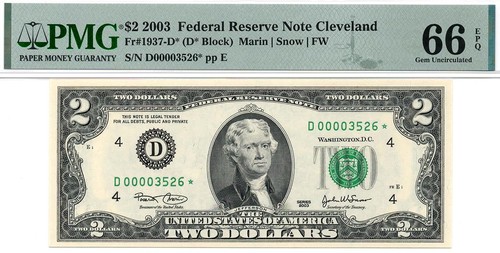2003* $2 Cleveland STAR Federal Reserve Note 1937-D* Low Serial *3526 PMG 66 EPQ - Picture 2 of 3