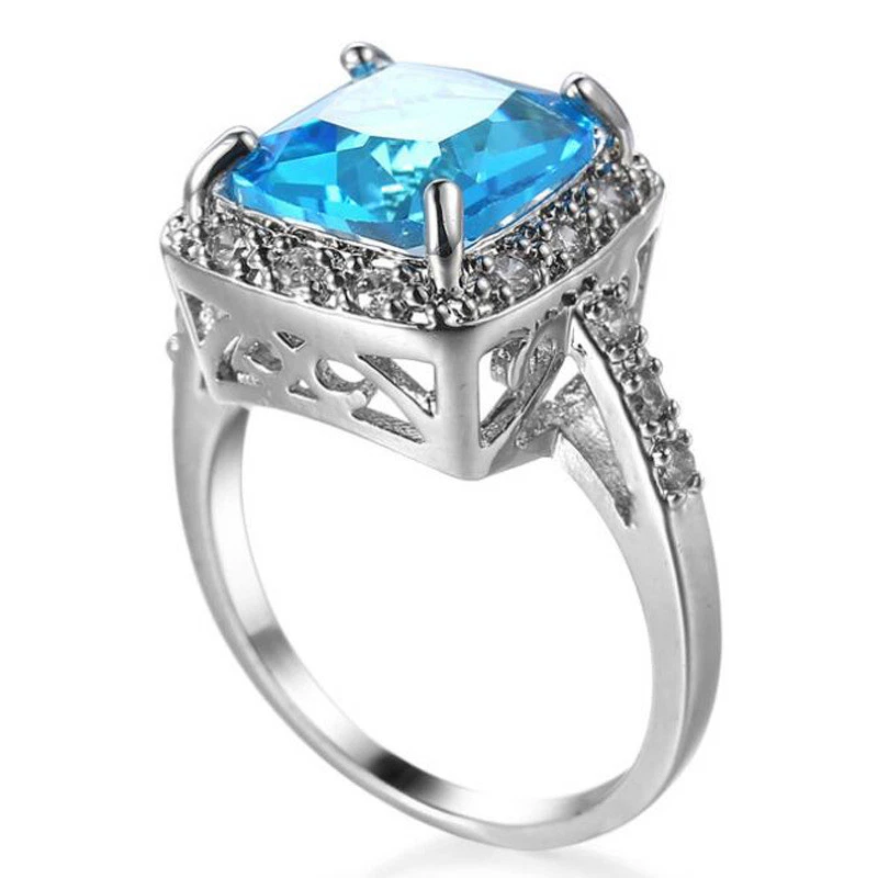 Huge Square Titanic Ocean Blue Topaz Zircone Silver Woman Wedding Ring Sz 6-10 - Image 3 of 4