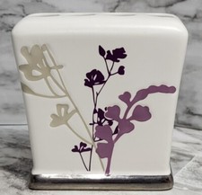 Toothbrush Holder. 4 Toothbrushes. Rectangle. Purple Flowers. Ceramic. Silver...