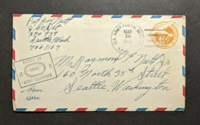 1943 WWII US Army APO 939 Censored Airmail Cover to Seattle