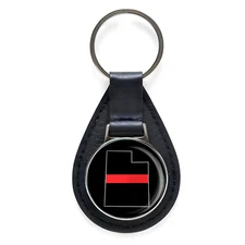 First Responder Thin Red Line Utah Firefighter Black Leather Keychain Silver 