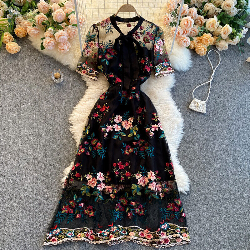 Sommer Neuankmmlinge Frauen Vintage Mesh Floral Stickerei Maxi Kleid Ladies Retro Bow A-Line Slim Party Kleid Plus Gre