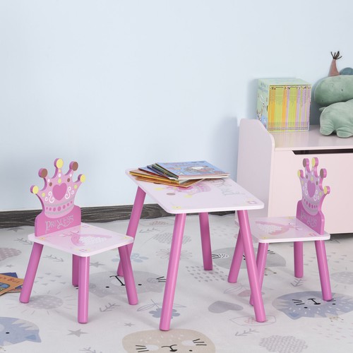 3 Piece Set Kids Wooden Table and Chair with Crown Gift for Girl Toddlers 3-8 - Picture 2 of 10