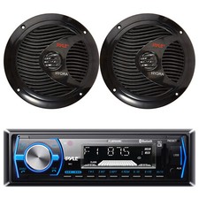 Pyle PLMRB29B Single DIN Bluetooth Stereo Receiver, 2x 6.5" 150W Marine Speakers