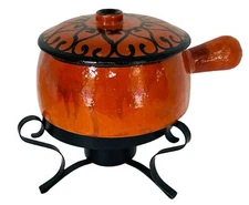 MEXICO FONDUE POT VINTAGE HANDMADE CUSTOM CERAMIC POTTERY w Metal Stand Cooking