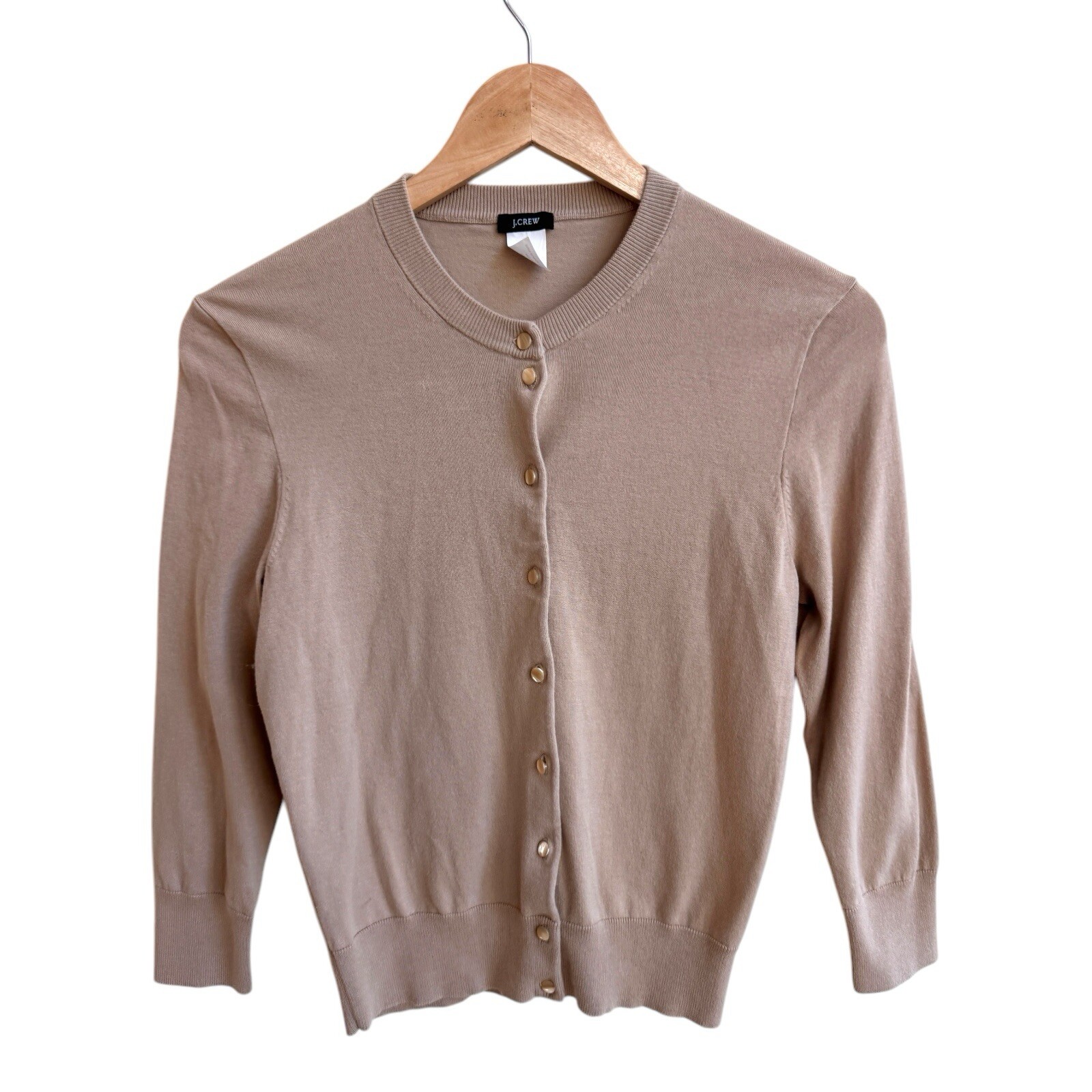 J Crew Light Beige Button Front Crew Neck 3/4 Sleeve Womens Size M Cardigan