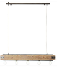 Rustikale Pendelleuchte mit fünf E27 Fassungen aus Holz und schwarzem Metall