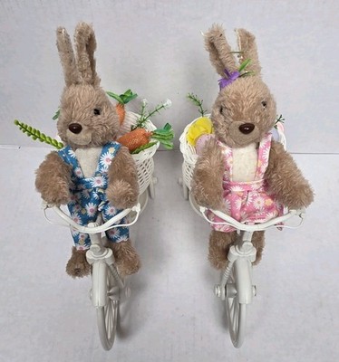 Set of 2 Easter Tabletop Decorations Bunny Couple, 10'' Rabbits Ride Bike, 