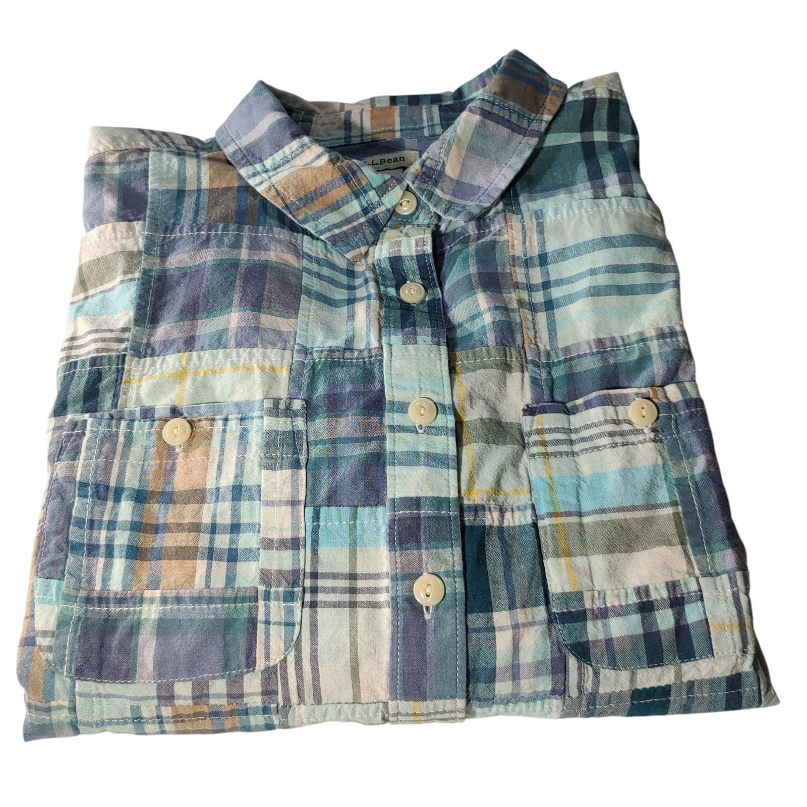 LL Bean Patchwork Madras Plaid Button Up Top Long… - image 6