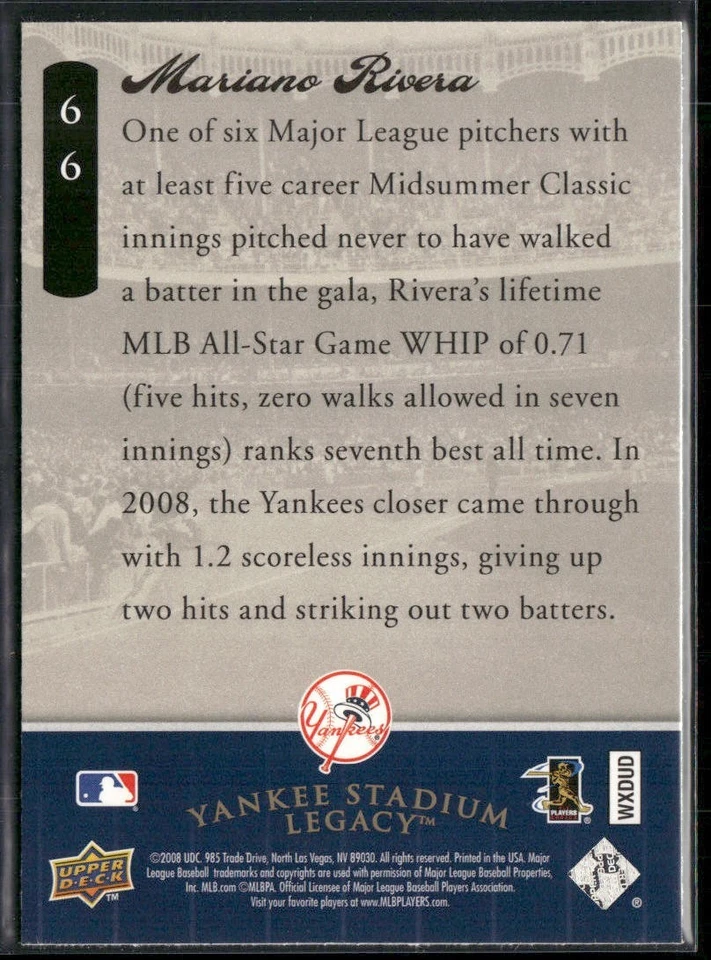 Mariano Rivera 2008 Upper Deck Yankee Stadium Legacy #66 - Image 2 of 2