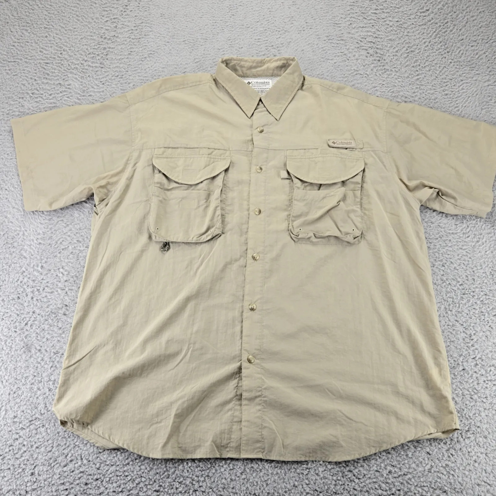 Columbia PFG Shirt Mens Large Tan Outdoors Fishing Camp Short Sleeve Vented