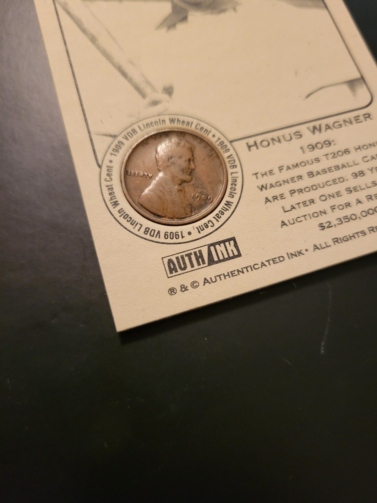 Honus Wagner Authenticated Ink 1909 VDB Lincoln Wheat Penny Card view 2