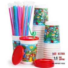 Leakproof 12oz Kids Party Cups With Lid and Straw 10Pk. Super Durable and