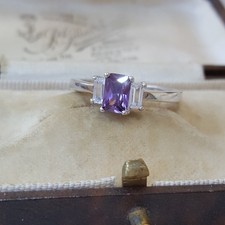 925 Sterling Silver Ring, Sparkly Simulated Amethyst And Diamonds,Size M US 6.25