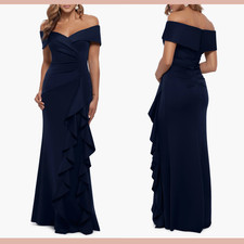 NWT $288 Xscape [ 4 ] Off the Shoulder Ruffle Scuba Gown Midnight Blue #S2087