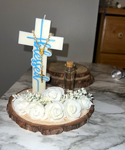 Christianity Cross Centerpiece w/ Rosary Beads, White Roses on Wood Slice