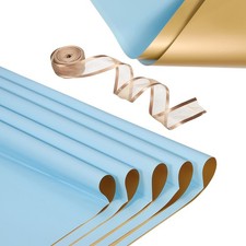 20 Sheets Flower Wrapping Paper with Ribbon 22.8" x 22.8" Sky Blue/Gold