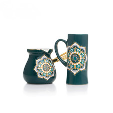 Bellissimo Set Porcellana Caffè Verde Dipinto A Mano Con "Mandela" Multicolore Des