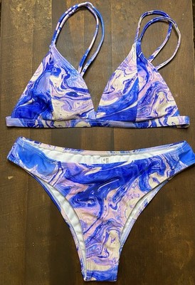 Bikini Set Blue Pink Marbled Print Strappy Top Sz S Halter Removable Pads SHEIN