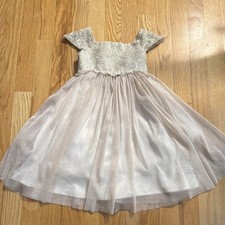 Dorissa Girls Ball Gown Dress 4T Ivory Gold Tulle Lace Glitter Bow Formal