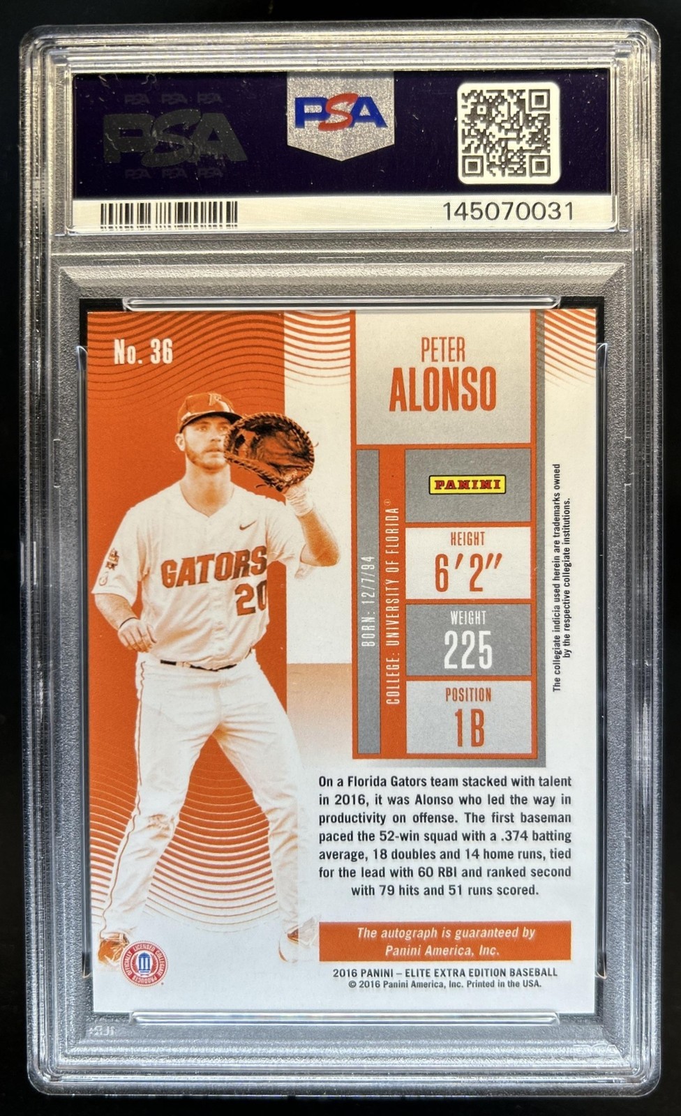 2016 Elite Extra Edition Pete Alonso College Tickets Cracked Ice Auto #/24 PSA 9 view 2