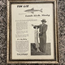 Framed Vintage Fishing 8x10 Ad Tin Liz Fred Arbogast