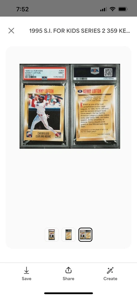 KENNY LOFTON RARE SPORTS ILLUSTRATED FOR KIDS SI 1995 CLEVELAND INDIANS PSA 9 - Image 3 of 3