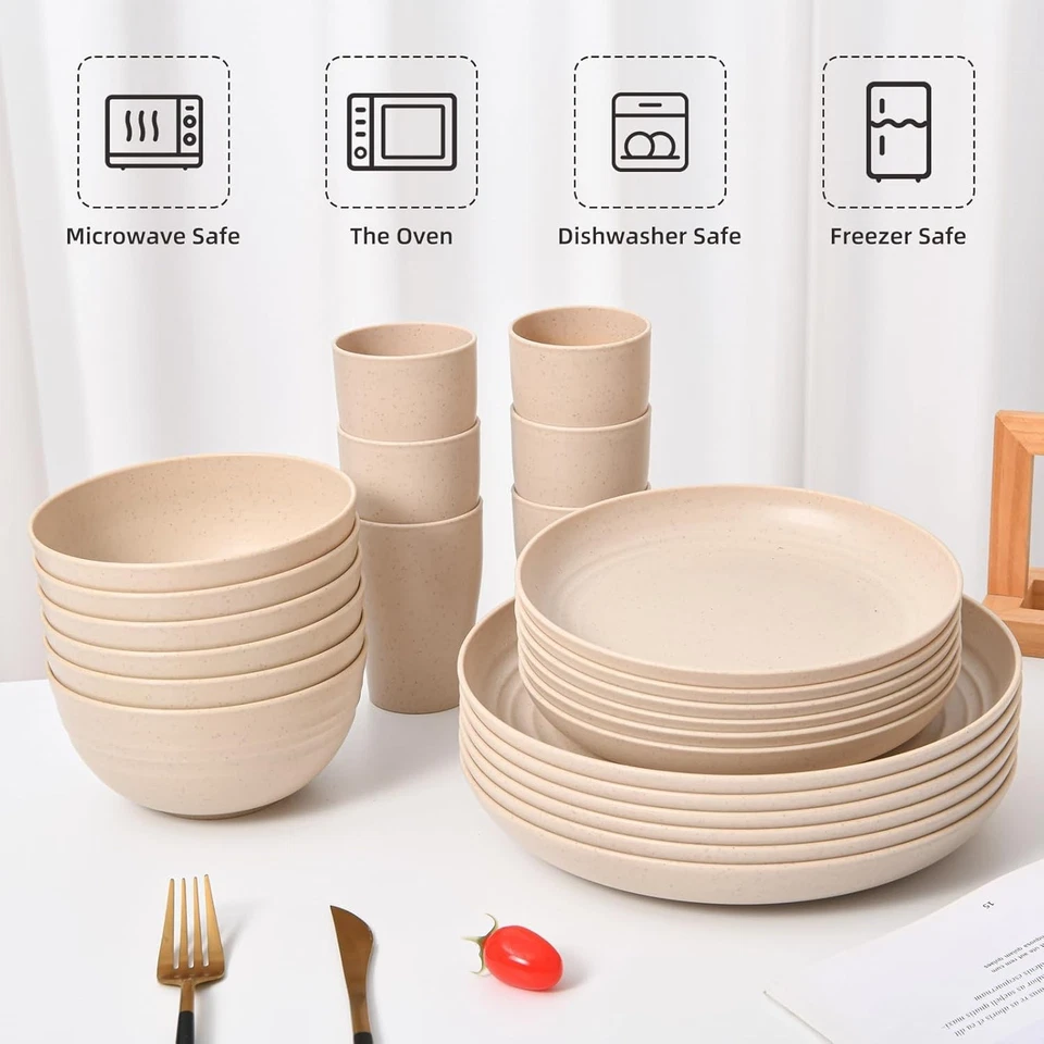24 - Piece Wheat Straw Dinnerware Set - Plates and Bowls for 6, Unbreakable, Dis - Image 3 of 4